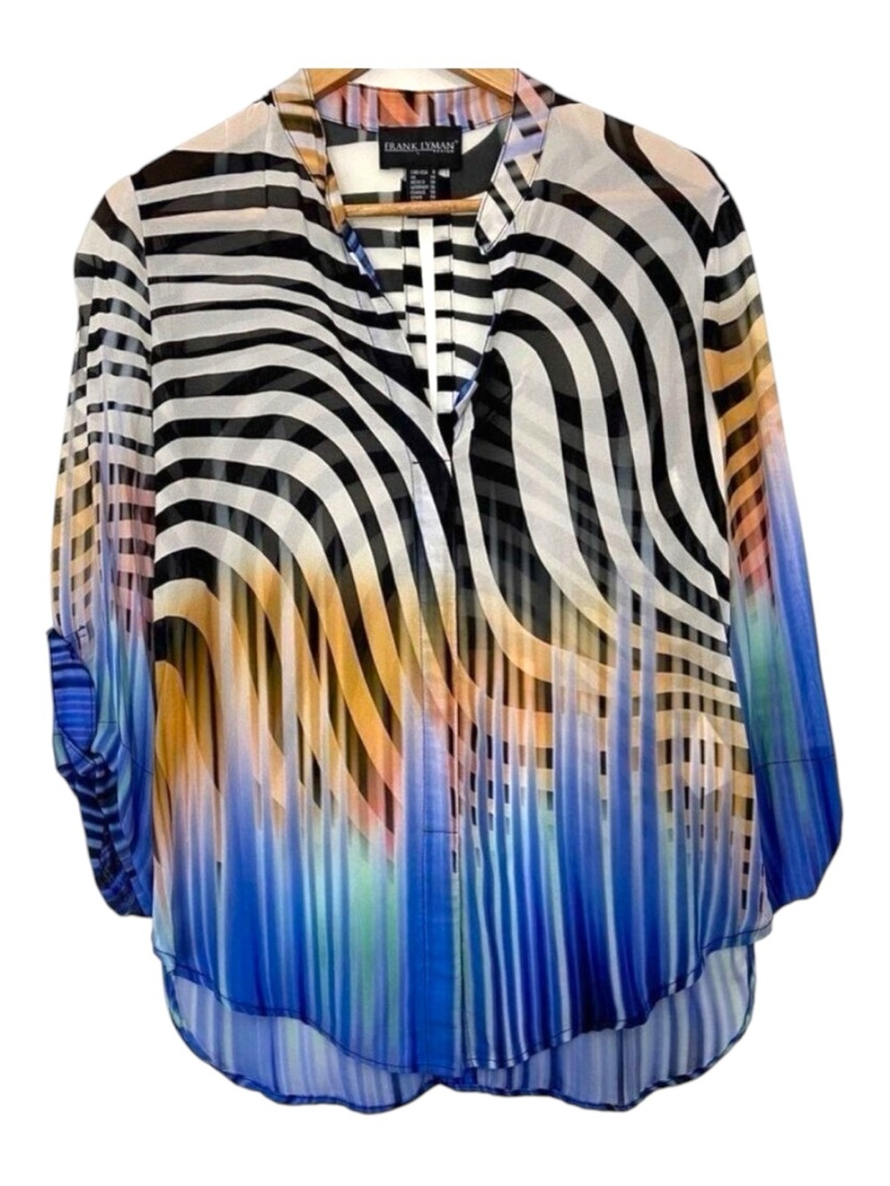 FRANK Lyman sheer shirt zebra tiger multicolor blue pattern convertible sleeve 8